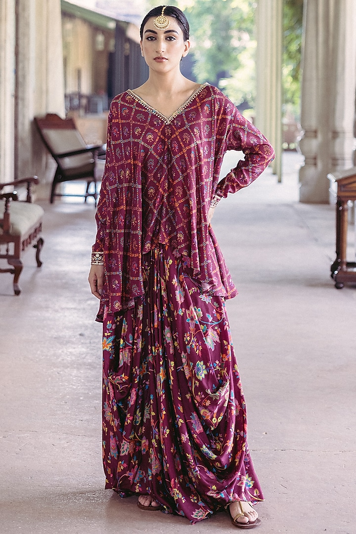 Plum Dupion Silk Printed Cowl Skirt Set by Drishti & Zahabia at Pernia's Pop Up Shop