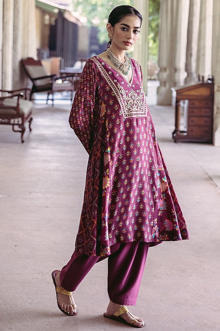 Plum Dupion Silk Printed & Hand Embroidered Kalidar Kurta Set by Drishti & Zahabia