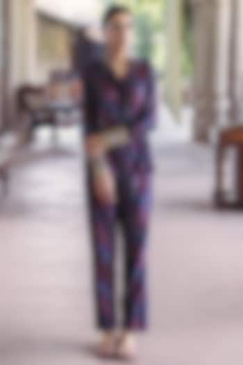 Midnight Blue Dupion Silk Printed Co-Ord Set by Drishti & Zahabia at Pernia's Pop Up Shop