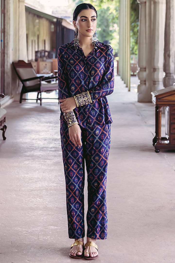 Midnight Blue Dupion Silk Printed Co-Ord Set by Drishti & Zahabia at Pernia's Pop Up Shop