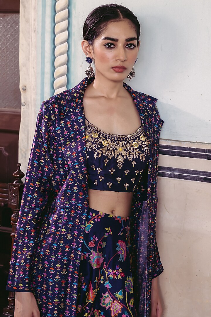 Midnight Blue Dupion Silk Printed Jacket Set by Drishti & Zahabia at Pernia's Pop Up Shop