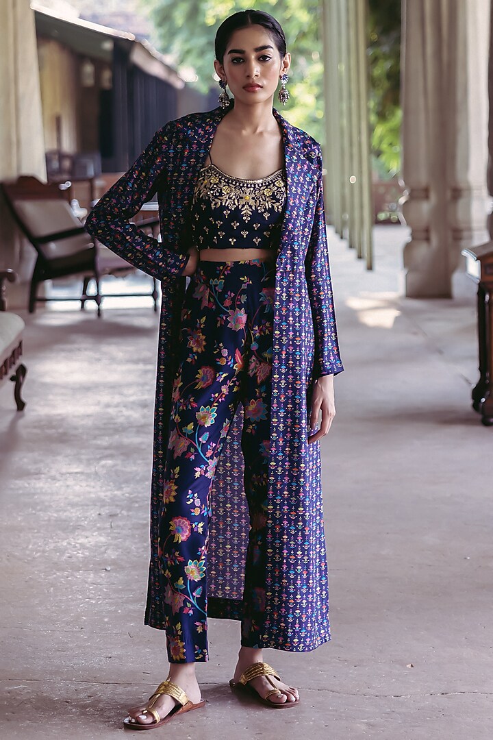 Midnight Blue Dupion Silk Printed Jacket Set by Drishti & Zahabia at Pernia's Pop Up Shop