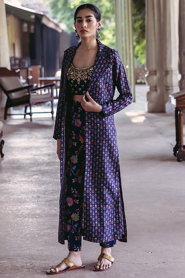 Midnight Blue Dupion Silk Printed Jacket Set by Drishti & Zahabia at Pernia's Pop Up Shop
