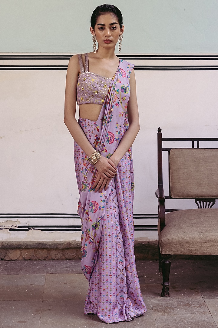 Lilac Dupion Silk Printed Pre-Draped Saree Set by Drishti & Zahabia at Pernia's Pop Up Shop