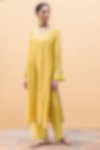 Sunshine Yellow Dupion Silk Printed Kurta Set by Drishti & Zahabia