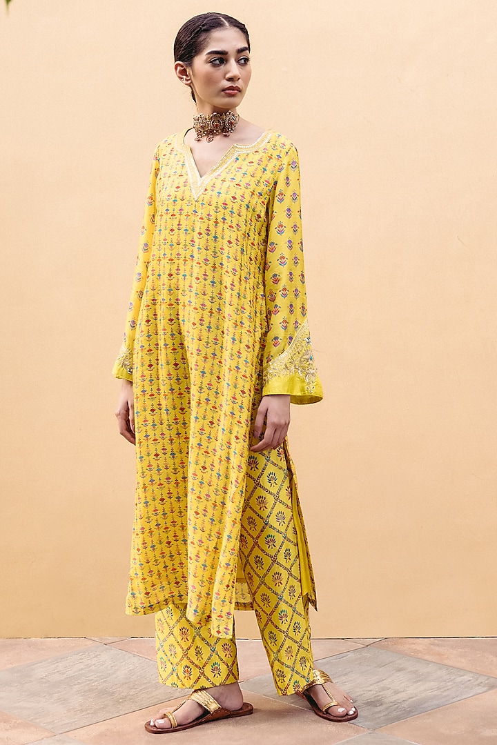 Sunshine Yellow Dupion Silk Printed Kurta Set by Drishti & Zahabia