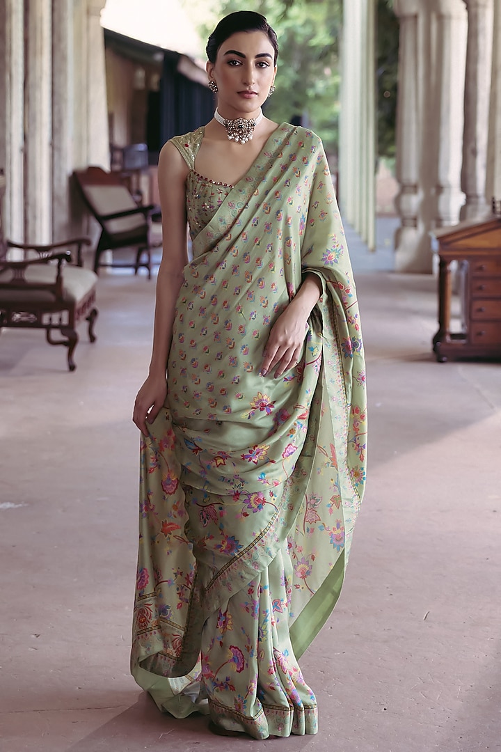 Seafoam Green Dupion Silk Printed Saree Set by Drishti & Zahabia at Pernia's Pop Up Shop