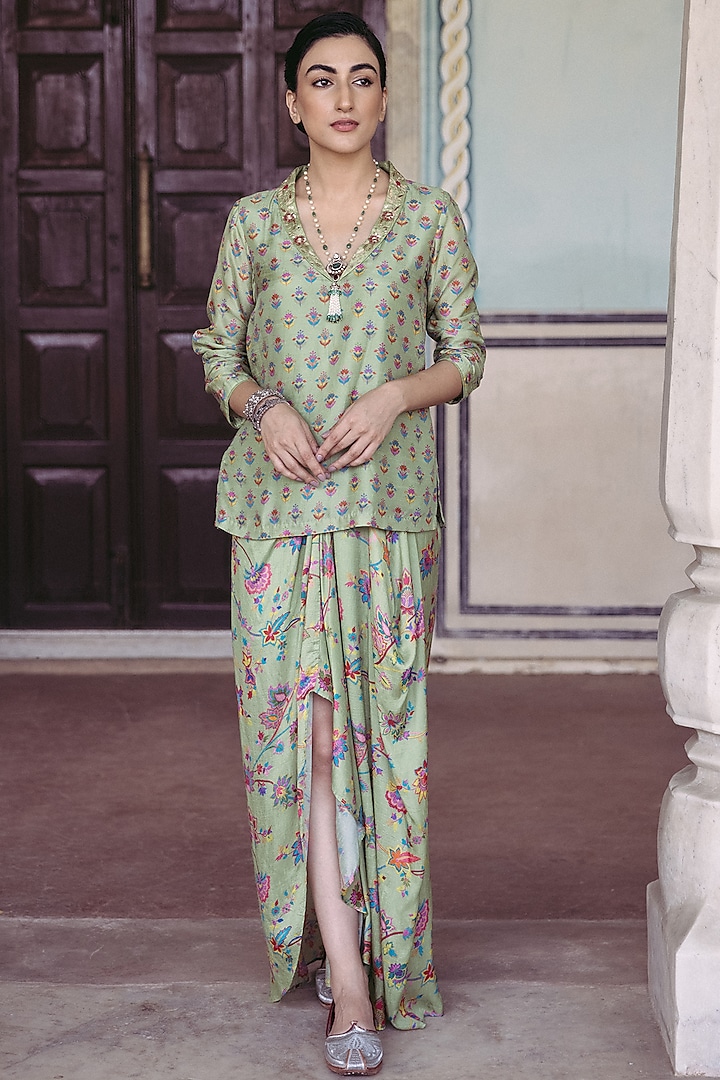 Seafoam Green Dupion Silk Printed Draped Skirt Set by Drishti & Zahabia at Pernia's Pop Up Shop