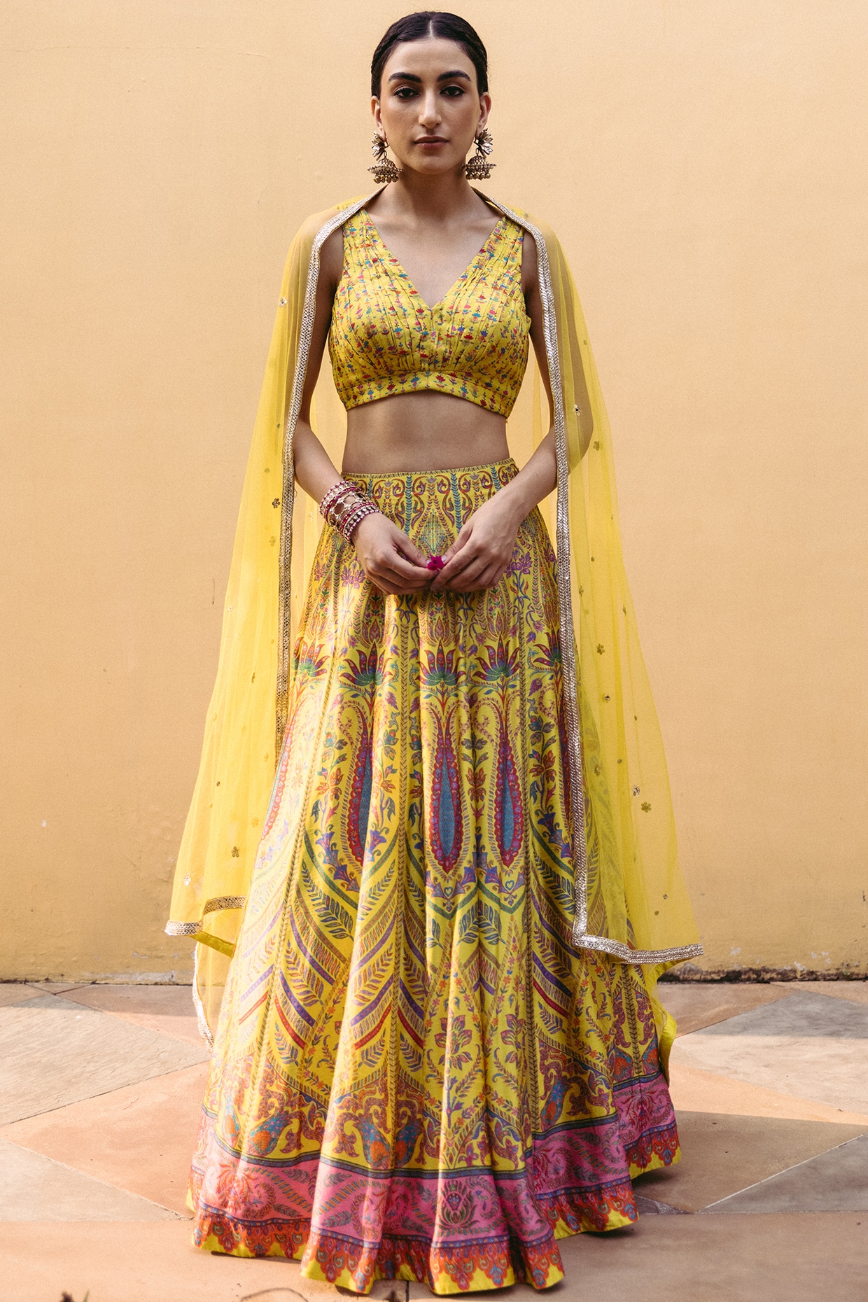 Indian Bridal Mustard Yellow Lehenga Choli With Thread Embro