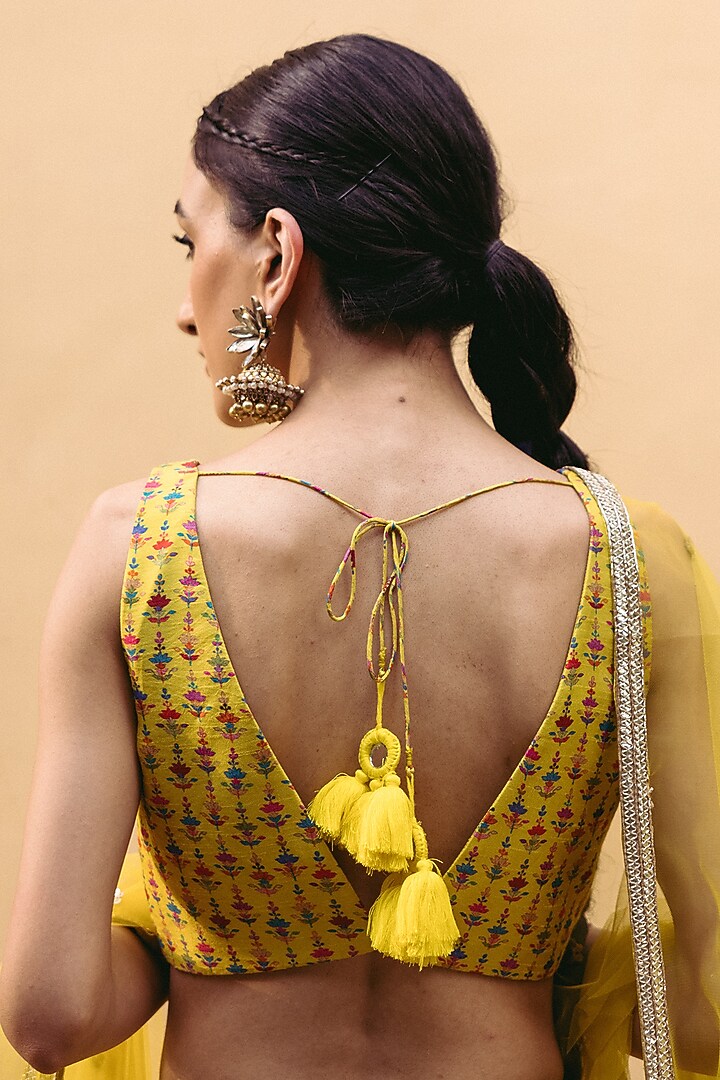 Sunshine Yellow Dupion Silk Printed Wedding Lehenga Set by Drishti & Zahabia at Pernia's Pop Up Shop