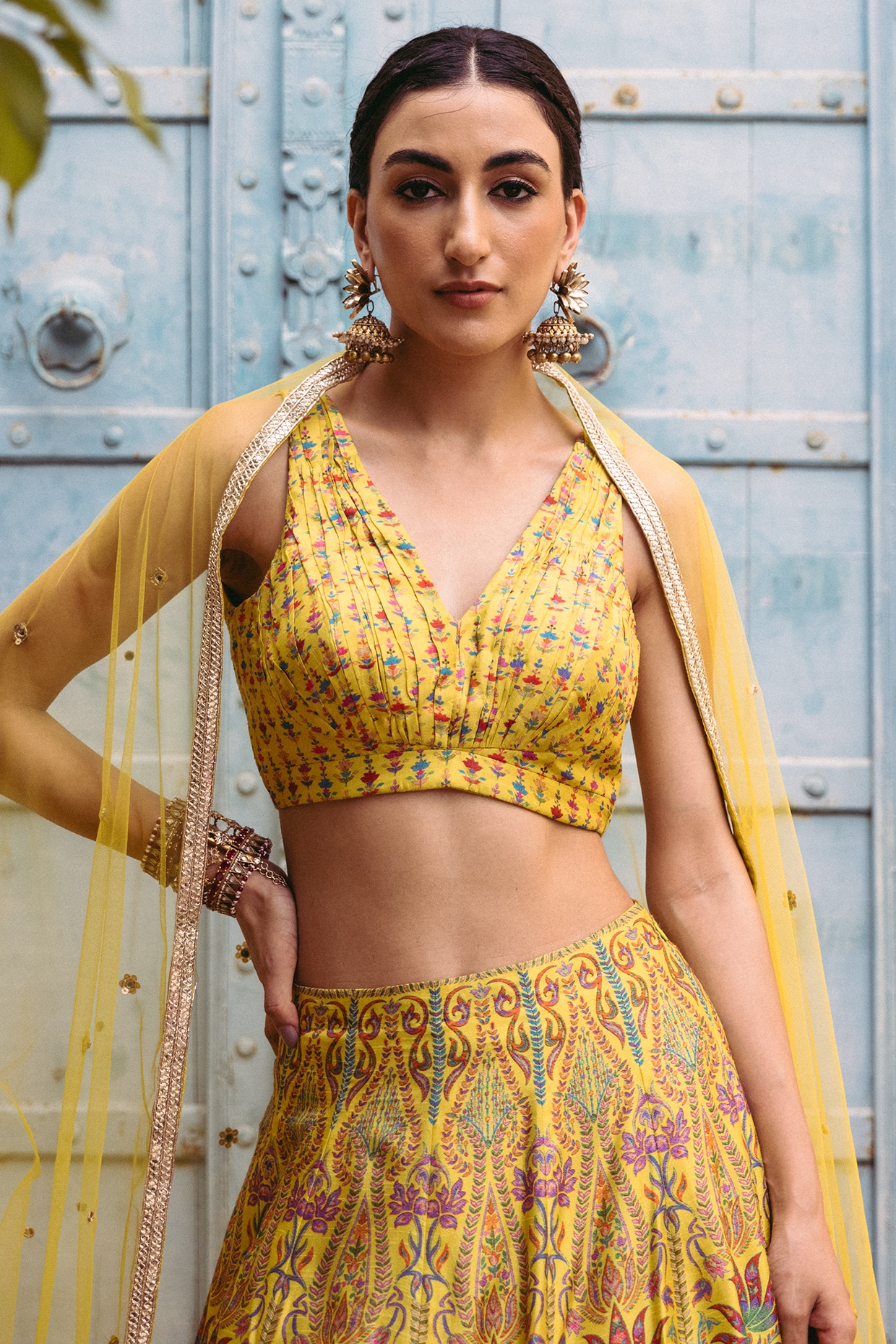 Buy Yellow Lehenga Chiffon Embroidered Mirror V Flared Set With Shrug For  Women by Merge Design Online at Aza Fashions.