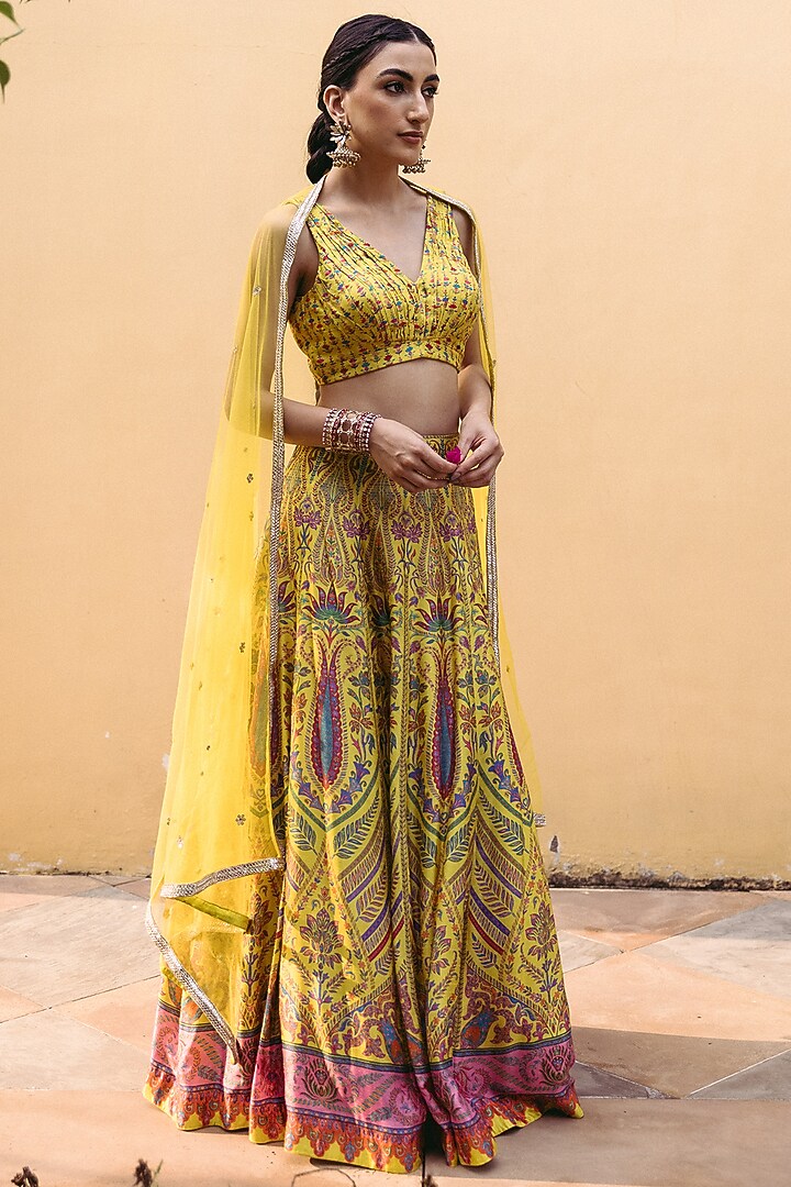 Sunshine Yellow Dupion Silk Printed Wedding Lehenga Set by Drishti & Zahabia at Pernia's Pop Up Shop