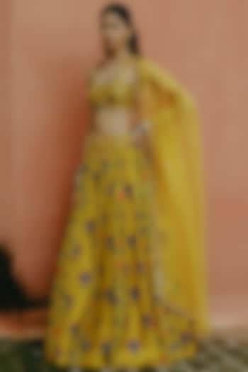 Yellow Dupion Silk Embroidered & Printed Wedding Lehenga Set by Drishti & Zahabia at Pernia's Pop Up Shop