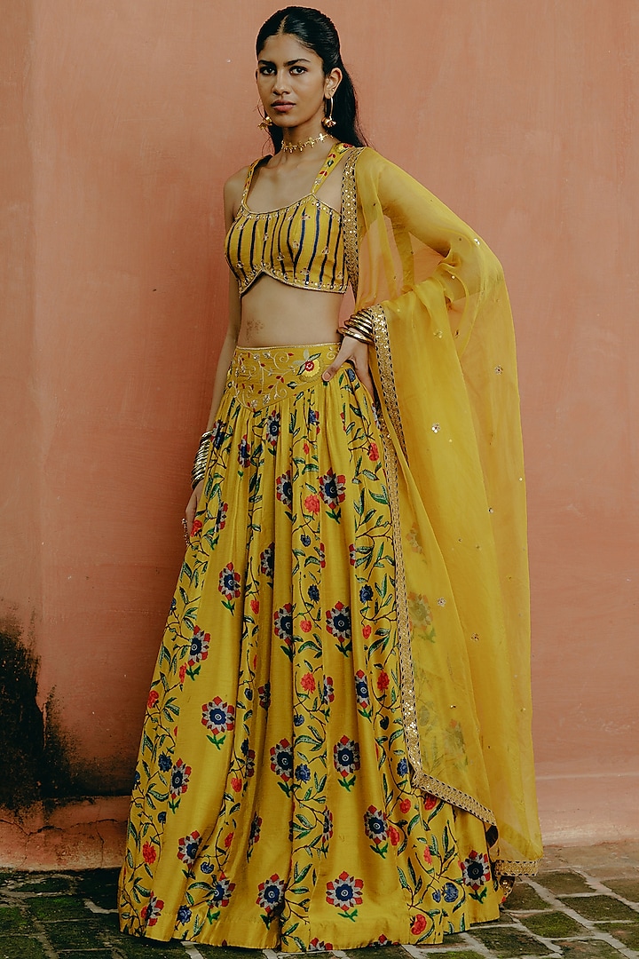 Yellow Dupion Silk Embroidered & Printed Wedding Lehenga Set by Drishti & Zahabia at Pernia's Pop Up Shop