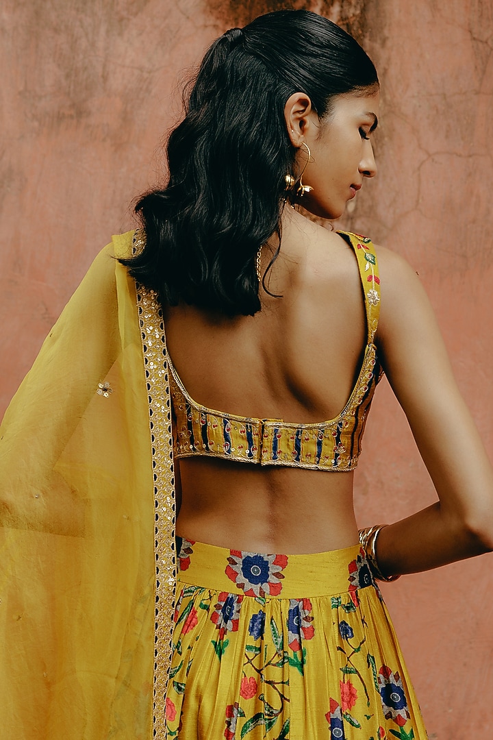 Yellow Dupion Silk Embroidered & Printed Wedding Lehenga Set by Drishti & Zahabia at Pernia's Pop Up Shop