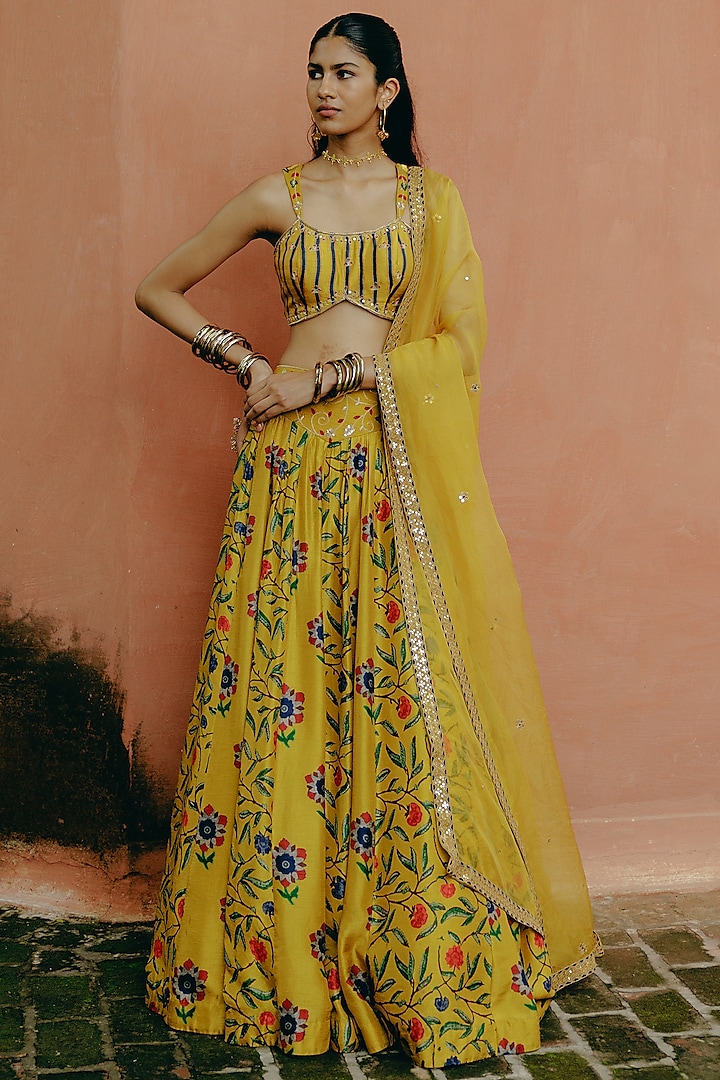 Yellow Dupion Silk Embroidered & Printed Wedding Lehenga Set by Drishti & Zahabia at Pernia's Pop Up Shop