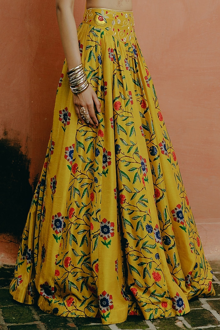 Yellow Dupion Silk Embroidered & Printed Wedding Lehenga Set by Drishti & Zahabia at Pernia's Pop Up Shop