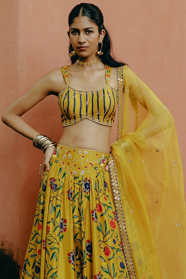 Yellow Dupion Silk Embroidered & Printed Wedding Lehenga Set by Drishti & Zahabia at Pernia's Pop Up Shop