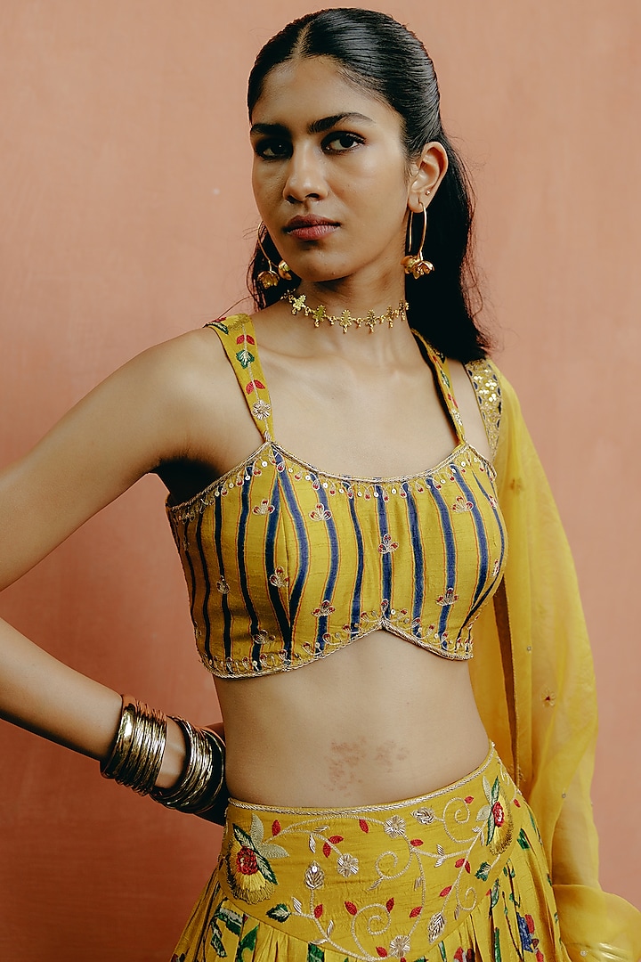 Yellow Dupion Silk Embroidered & Printed Wedding Lehenga Set by Drishti & Zahabia at Pernia's Pop Up Shop