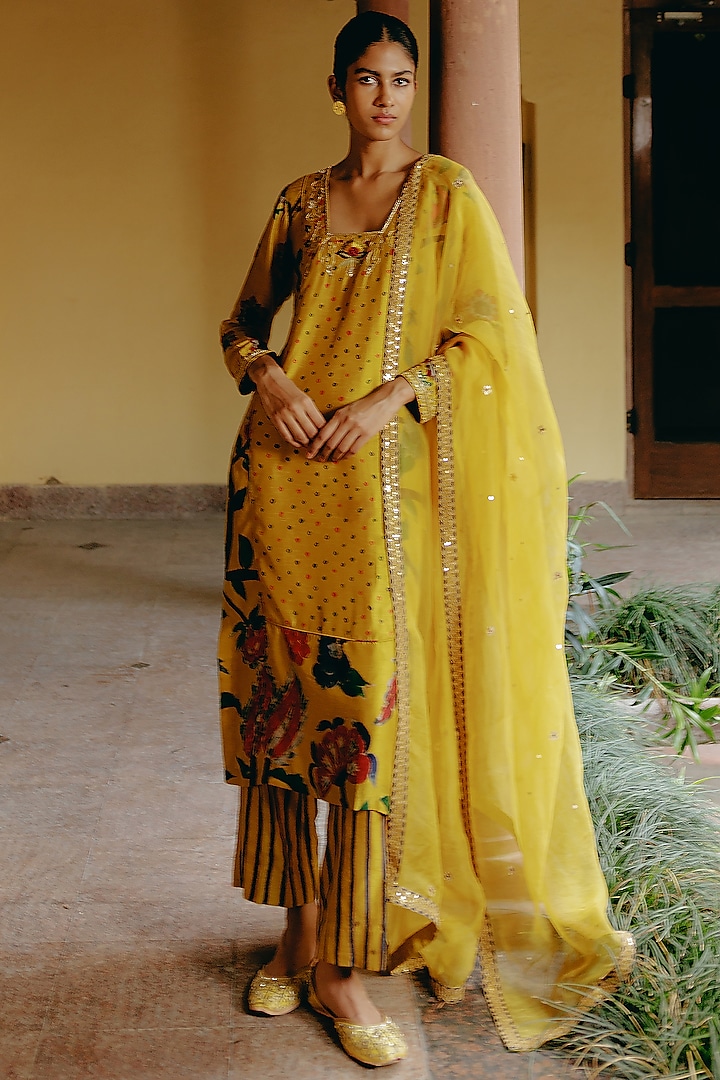 Yellow Dupion Silk Embroidered & Printed Kurta Set by Drishti & Zahabia at Pernia's Pop Up Shop