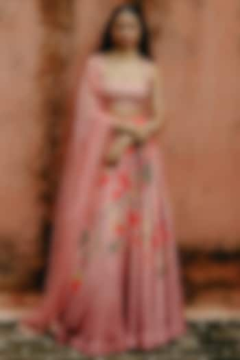 Pink Ombre Dupion Silk Kalamkari Printed Wedding Lehenga Set by Drishti & Zahabia at Pernia's Pop Up Shop