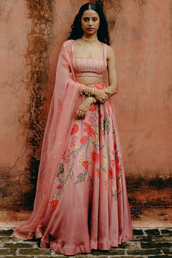 Pink Ombre Dupion Silk Kalamkari Printed Wedding Lehenga Set by Drishti & Zahabia at Pernia's Pop Up Shop