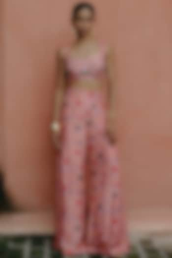 Pink Dupion Silk Printed Box-Pleated Palazzo Pant Set by Drishti & Zahabia at Pernia's Pop Up Shop