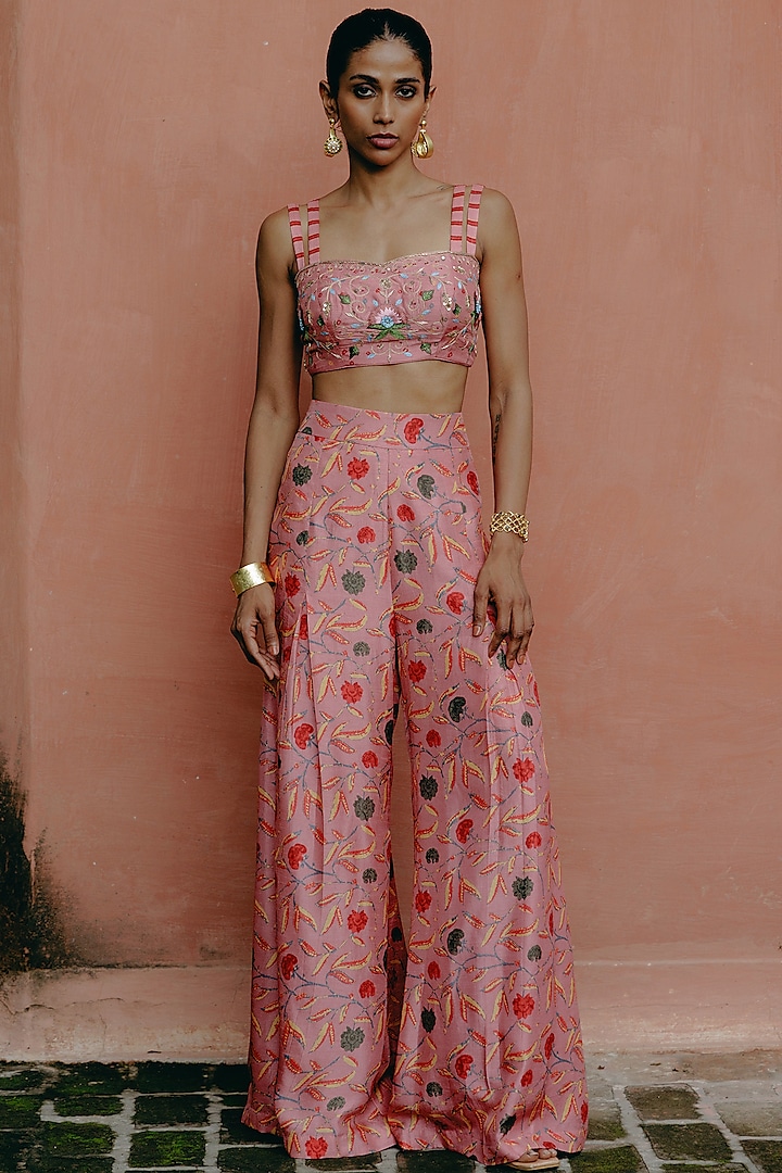 Pink Dupion Silk Printed Box-Pleated Palazzo Pant Set by Drishti & Zahabia at Pernia's Pop Up Shop