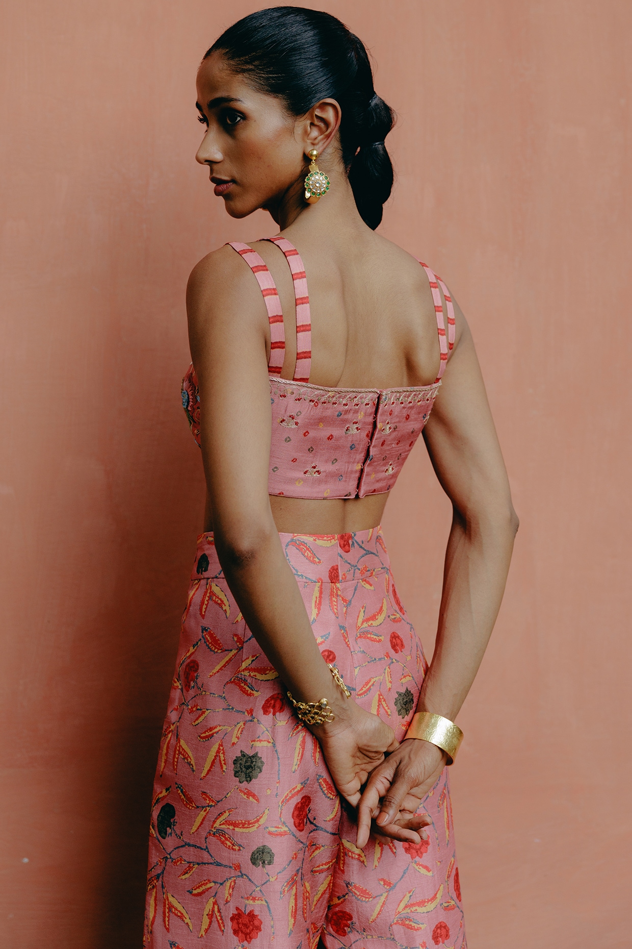 Pink Dupion Silk Printed Box-Pleated Palazzo Pant Set by Drishti