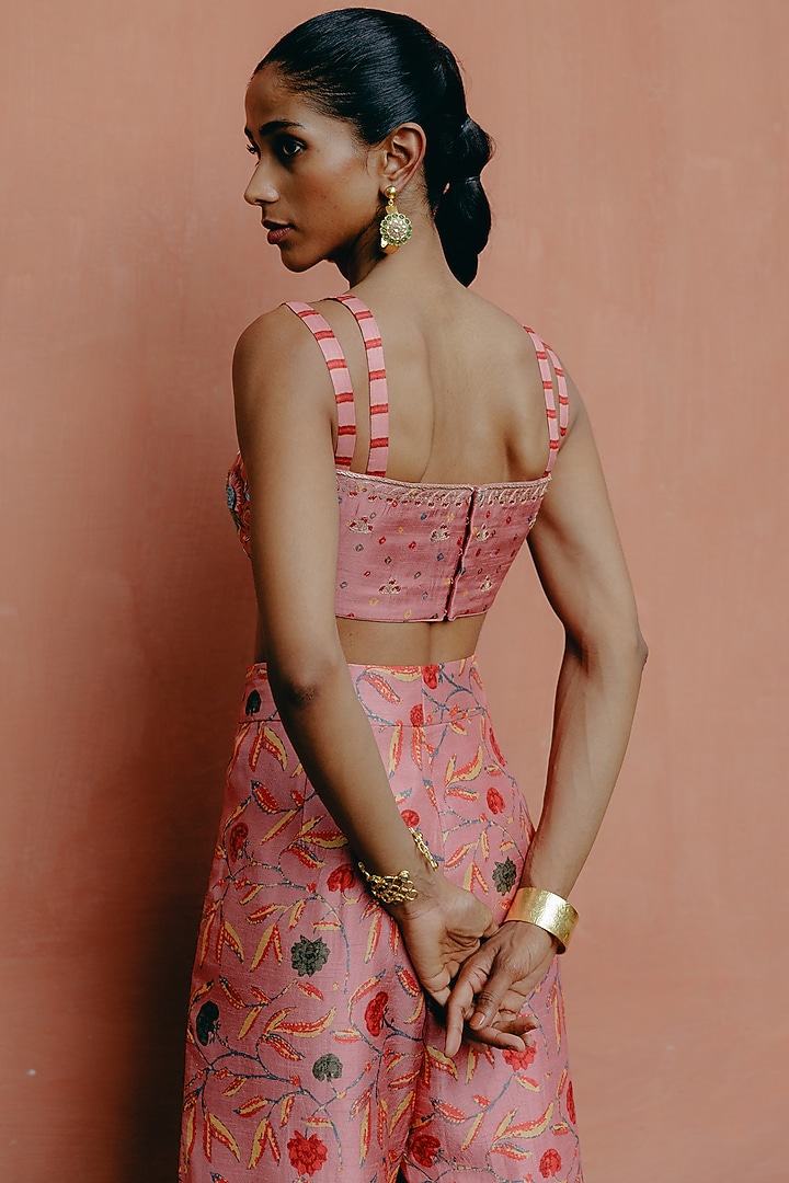 Pink Dupion Silk Printed Box-Pleated Palazzo Pant Set by Drishti & Zahabia at Pernia's Pop Up Shop