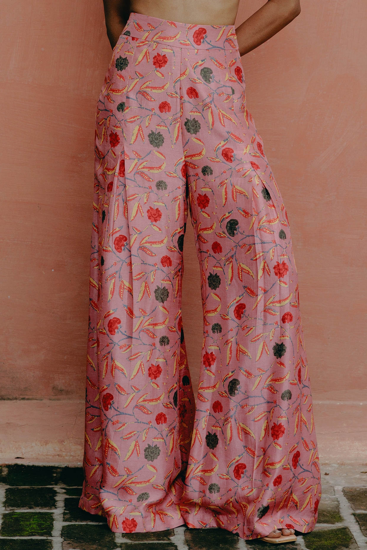 Pink Dupion Silk Printed Box-Pleated Palazzo Pant Set by Drishti