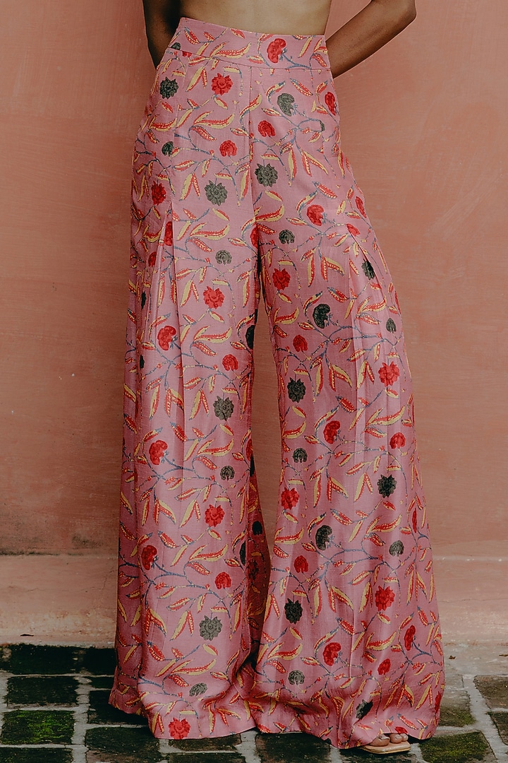 Pink Dupion Silk Printed Box-Pleated Palazzo Pant Set by Drishti & Zahabia at Pernia's Pop Up Shop