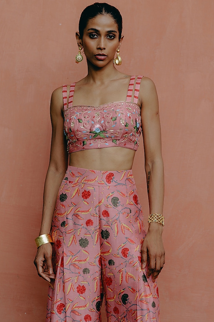 Pink Dupion Silk Printed Box-Pleated Palazzo Pant Set by Drishti & Zahabia at Pernia's Pop Up Shop