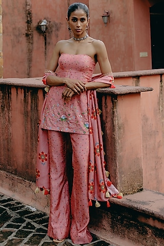 Pink Dupion Silk Bell Bottom Pant Set by Drishti & Zahabia
