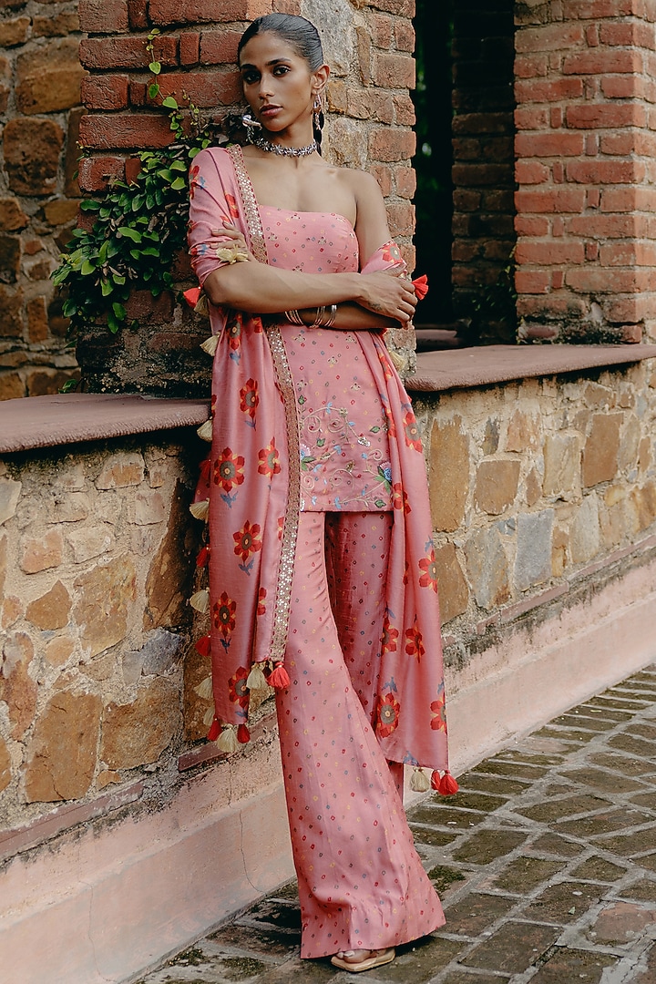 Pink Dupion Silk Bell Bottom Pant Set by Drishti & Zahabia at Pernia's Pop Up Shop