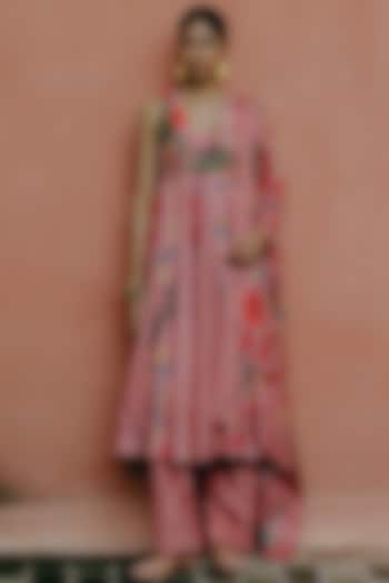 Pink Dupion Silk Kalamkari Printed Anarkali Set by Drishti & Zahabia at Pernia's Pop Up Shop