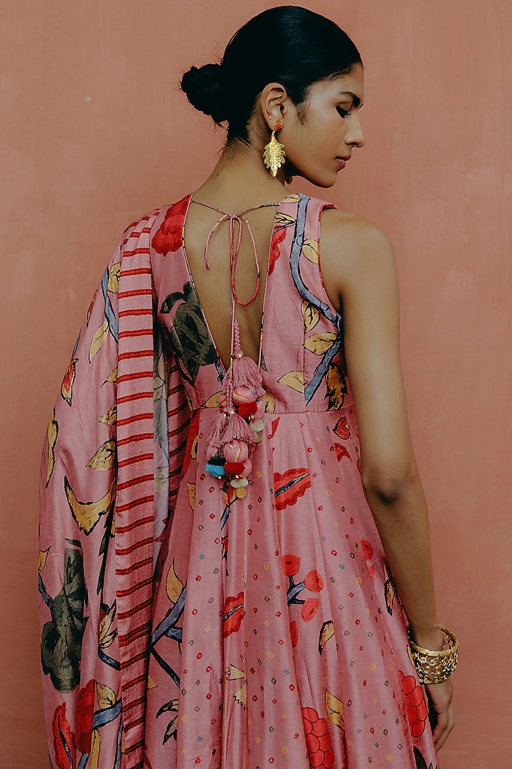 Pink Dupion Silk Kalamkari Printed Party Wear Anarkali Set by Drishti & Zahabia at Pernia's Pop Up Shop
