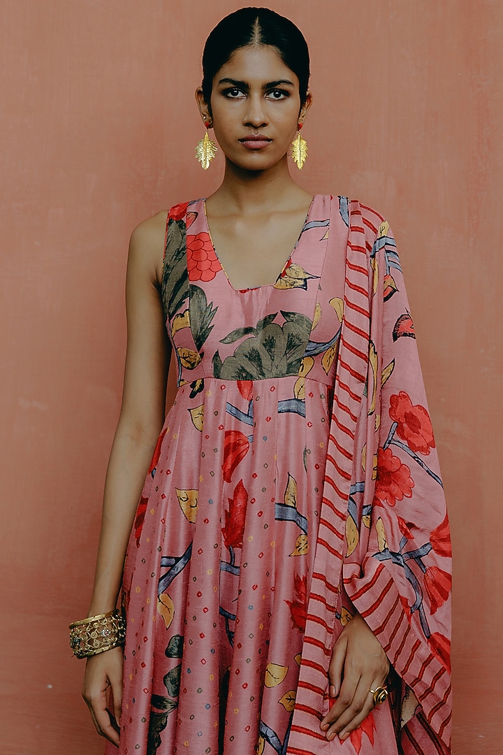 Pink Dupion Silk Kalamkari Printed Party Wear Anarkali Set by Drishti & Zahabia at Pernia's Pop Up Shop