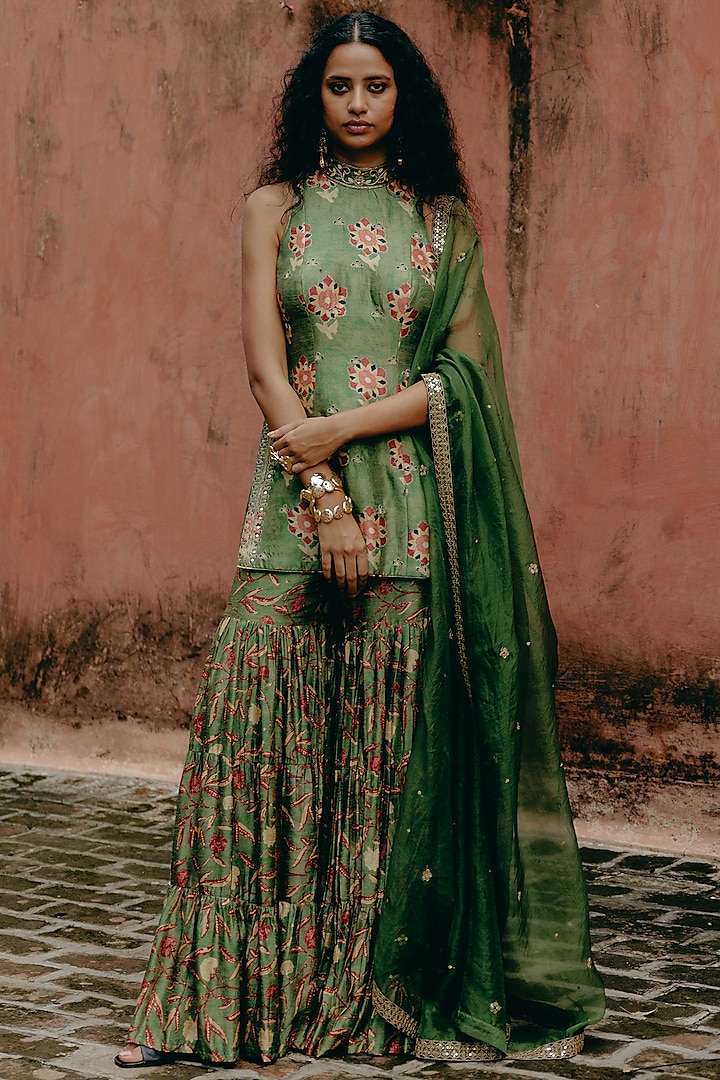 Green Dupion Silk Printed Sharara Set by Drishti & Zahabia