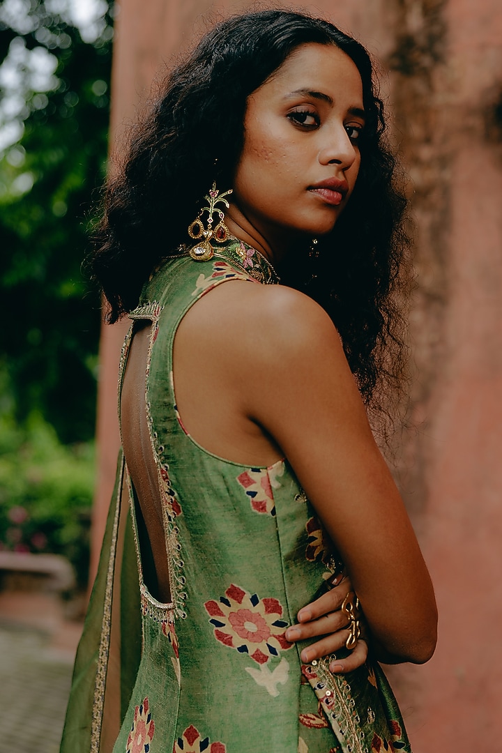 Green Dupion Silk Printed Wedding Sharara Set by Drishti & Zahabia at Pernia's Pop Up Shop