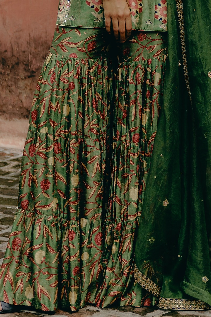Green Dupion Silk Printed Wedding Sharara Set by Drishti & Zahabia at Pernia's Pop Up Shop