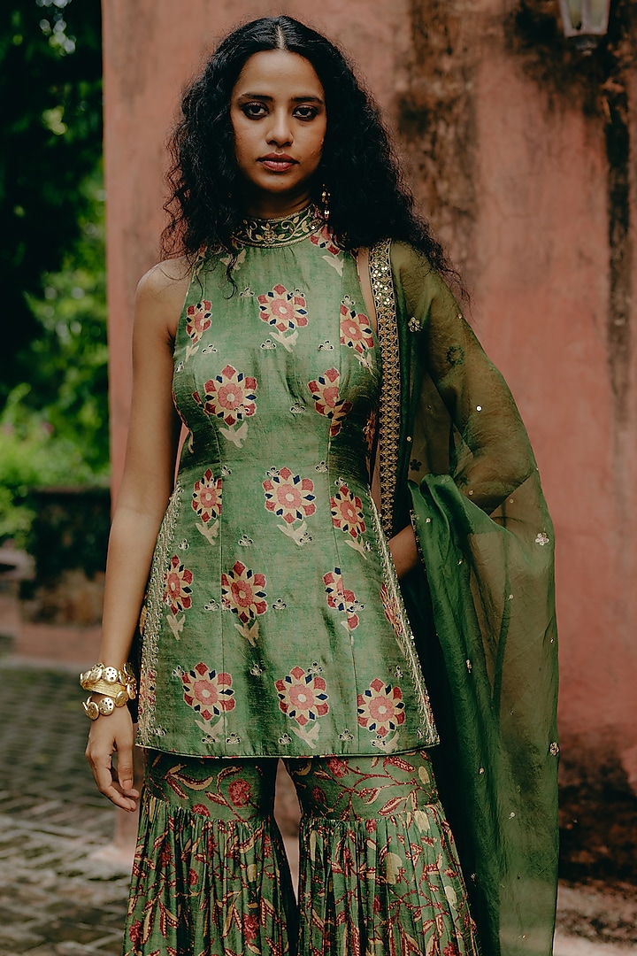 Green Dupion Silk Printed Wedding Sharara Set by Drishti & Zahabia at Pernia's Pop Up Shop