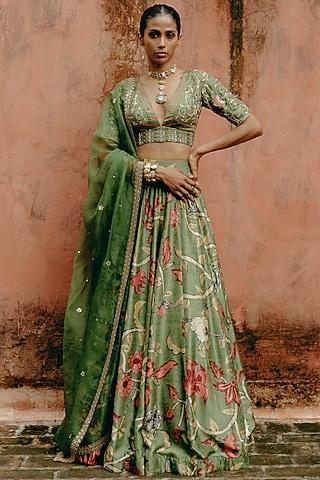 Green Dupion Silk Kalamkari Printed Lehenga Set by Drishti & Zahabia