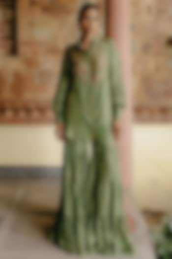 Green Dupion Silk Printed Sharara Set by Drishti & Zahabia at Pernia's Pop Up Shop