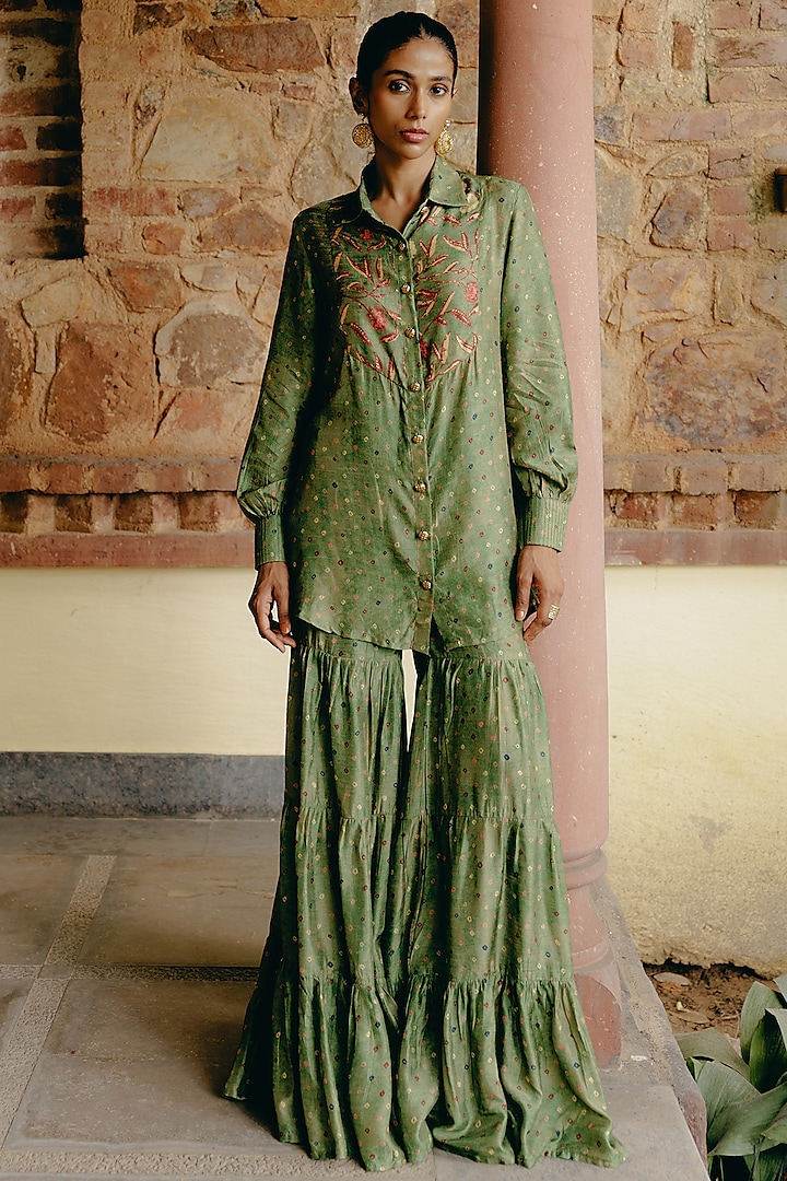 Green Dupion Silk Printed Sharara Set by Drishti & Zahabia at Pernia's Pop Up Shop