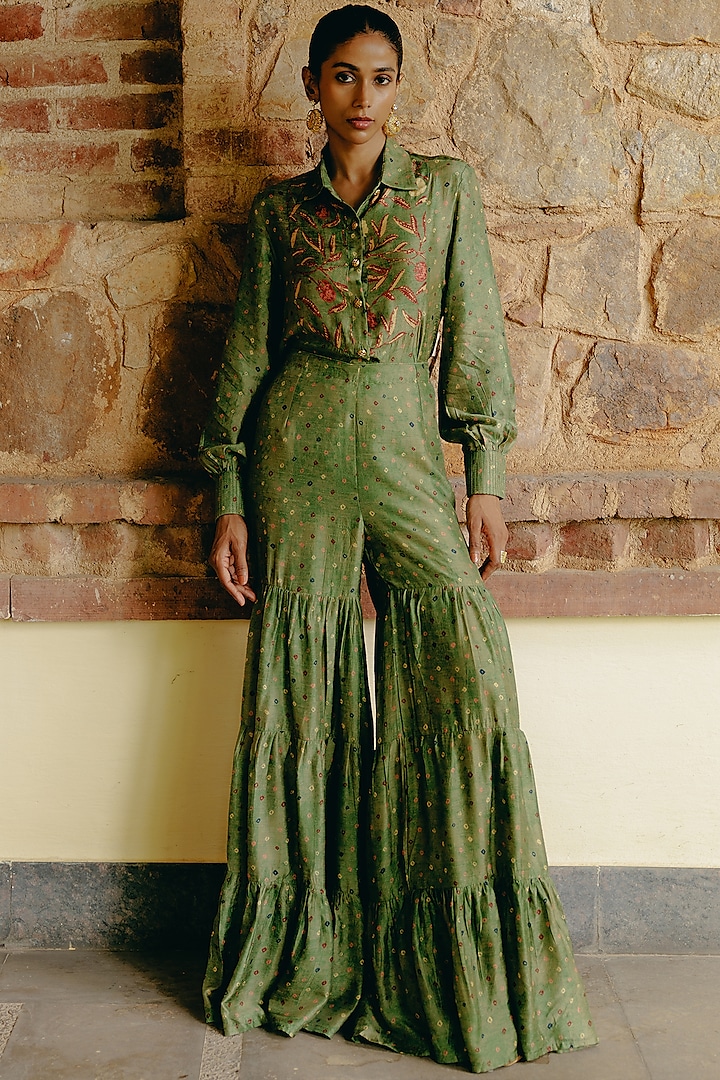 Green Dupion Silk Printed Party Wear Sharara Set by Drishti & Zahabia at Pernia's Pop Up Shop
