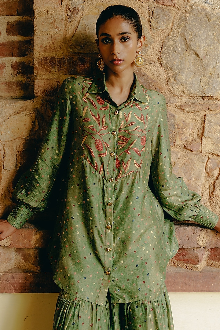 Green Dupion Silk Printed Party Wear Sharara Set by Drishti & Zahabia at Pernia's Pop Up Shop