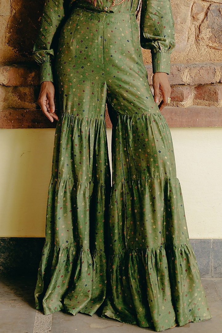 Green Dupion Silk Printed Party Wear Sharara Set by Drishti & Zahabia at Pernia's Pop Up Shop