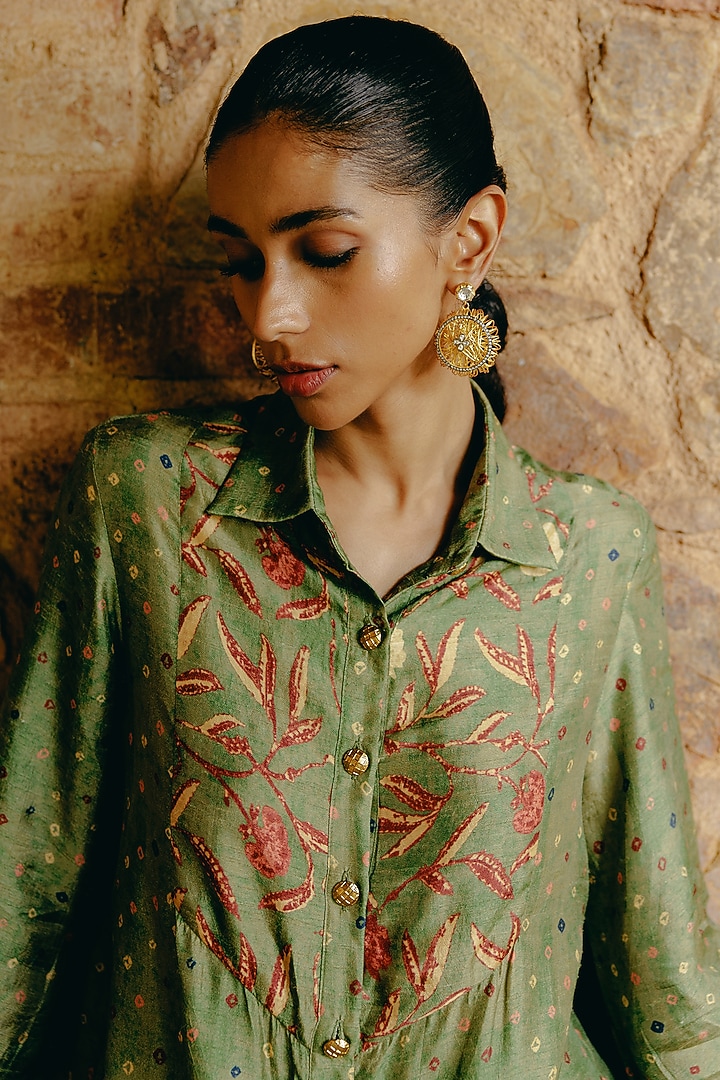Green Dupion Silk Printed Party Wear Sharara Set by Drishti & Zahabia at Pernia's Pop Up Shop