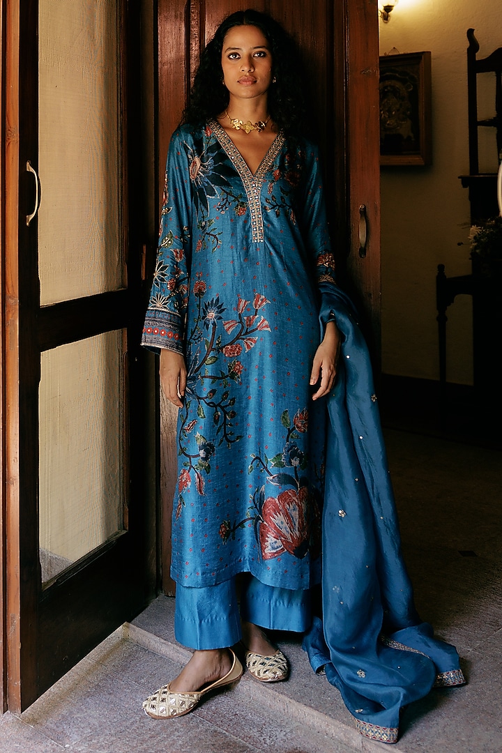 Blue Dupion Silk Printed & Embroidered Kurta Set  by Drishti & Zahabia